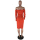 Orange Dew Shoulder Party Knee Length Dress #Long Sleeve #Off The Shoulder SA-BLL36262 Fashion Dresses and Midi Dress by Sexy Affordable Clothing