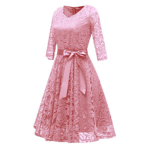 V-Neck Lace Three Quarter Sleeve A-Line Dress #Lace #Pink #V-Neck #A-Line #Three Quarter SA-BLL36141-2 Fashion Dresses and Midi Dress by Sexy Affordable Clothing