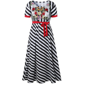 African Striped Embroidery Roses O-Neck Long Dress #Short Sleeves #Striped #Flower SA-BLL51481 Fashion Dresses and Maxi Dresses by Sexy Affordable Clothing