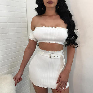 Lillie Belted Ribbed White Skirt Set #White #Two Piece SA-BLL282457-2 Sexy Clubwear and Skirt Sets by Sexy Affordable Clothing