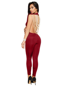 Seldana Red Pearl Chain Open Back Jumpsuit #Jumpsuit #Red SA-BLL55320-5 Women's Clothes and Jumpsuits & Rompers by Sexy Affordable Clothing