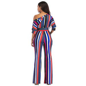 One Off Shoulder Print Colorful Striped Jumpsuits With Belt #One Shoulder #Striped SA-BLL55375-2 Women's Clothes and Jumpsuits & Rompers by Sexy Affordable Clothing