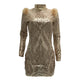 Sexy Round Neck Sequins And Fur Decoration See-Through Rose Mini Dress #Long Sleeve SA-BLL2043-1 Fashion Dresses and Mini Dresses by Sexy Affordable Clothing