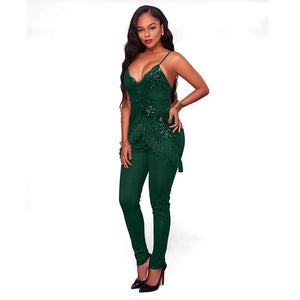 Selah Green Sequin Embellished Tassel Jumpsuit #Jumpsuit #Green SA-BLL55380-2 Women's Clothes and Jumpsuits & Rompers by Sexy Affordable Clothing