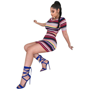 Casual Round Neck Striped Printed Two-piece Skirt Set #Short Sleeve #Two Piece #Round Neck SA-BLL2169 Sexy Clubwear and Skirt Sets by Sexy Affordable Clothing