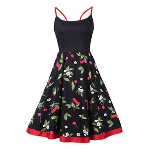 Cherry Print Slip Fit and Flare Dress #Black SA-BLL36190 Fashion Dresses and Skater & Vintage Dresses by Sexy Affordable Clothing