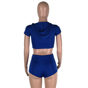 Play A Game Of Tennis Short Set - Royal/White #Short Sleeve #Hooded #Striped #Crop Top SA-BLL2234-2 Sexy Clubwear and Pant Sets by Sexy Affordable Clothing