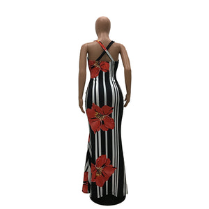 Casual U Neck Striped+Floral Printed Floor Length Dress #V Neck #Sleeveless #Printed SA-BLL51183-1 Fashion Dresses and Maxi Dresses by Sexy Affordable Clothing