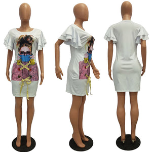 Kaira Ruffle Sleeve Graphic Mini Dress #White #Round Neck #Ruffle Sleeve SA-BLL282511-1 Fashion Dresses and Mini Dresses by Sexy Affordable Clothing