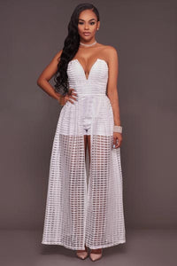 Benita Off-White Textured Mesh Romper Maxi Dress  SA-BLL55273-2 Women's Clothes and Jumpsuits & Rompers by Sexy Affordable Clothing