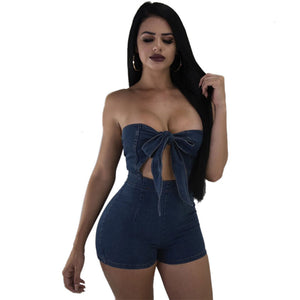 Bow-Tie Denim Romper #Zipper #Denim SA-BLL55500 Women's Clothes and Jumpsuits & Rompers by Sexy Affordable Clothing