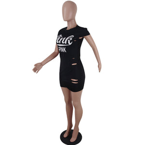 Women's O Neck Short Sleeve Ripped T Shirt Dress #Black #Pink #Short Sleeve #O Neck #Letter SA-BLL282633-1 Fashion Dresses and Mini Dresses by Sexy Affordable Clothing