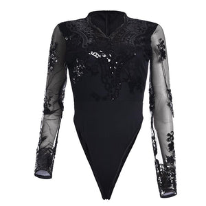 Deep V Neck Women Sexy Club Sequins Bodysuit #Black #Sequins SA-BLL8029-1 Women's Clothes and Bodysuits by Sexy Affordable Clothing