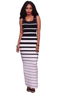 Black & White Stripe Fitted long Dress with Snaps Side Split  SA-BLL51389 Fashion Dresses and Maxi Dresses by Sexy Affordable Clothing