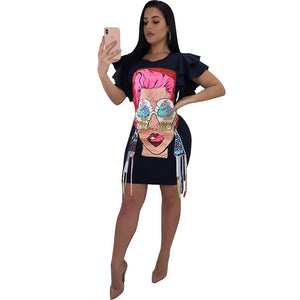 Cartoon Shirt Dress With Ruffle Sleeve #Black #Round Neck #Ruffle Sleeve SA-BLL282504-1 Fashion Dresses and Mini Dresses by Sexy Affordable Clothing