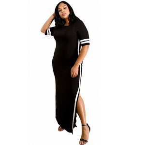 Side Split Plain Maxi Dresses With Contrast Bands #Black #Short Sleeve #Round Neck #Side Split SA-BLL51306-1 Fashion Dresses and Maxi Dresses by Sexy Affordable Clothing
