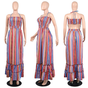 Mixed Color Halter Stripe Print Casual Maxi Dress #Halter #Striped #Print SA-BLL51282 Fashion Dresses and Maxi Dresses by Sexy Affordable Clothing