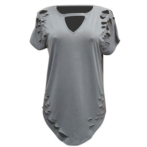 Womens Plus Size Ripped Cut Out Plain Short Sleeve T Shirt Grey #Grey SA-BLL493-3 Women's Clothes and Women's T-Shirts by Sexy Affordable Clothing
