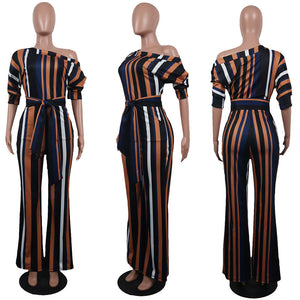 One Off Shoulder Print Colorful Striped Jumpsuit w/ Belt #One Shoulder #Striped SA-BLL55515-2 Women's Clothes and Jumpsuits & Rompers by Sexy Affordable Clothing