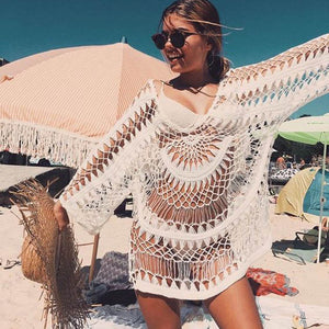 White Patchwork Hollow-out Irregular See-through Cleavage #Beach Dress SA-BLL38482 Sexy Swimwear and Cover-Ups & Beach Dresses by Sexy Affordable Clothing