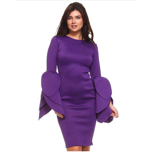 Exaggerated Round Neck Long Sleeve Knee Length Bodycon Dress #Round Neck #Plain #Unique Flower Cuffs SA-BLL36251-3 Fashion Dresses and Midi Dress by Sexy Affordable Clothing
