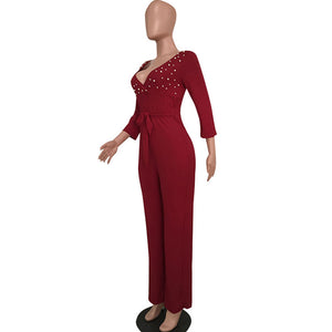 Deep-V Pearl Striped Cropped Sleeve Jumpsuit #V-Neck #Striped SA-BLL55618-3 Women's Clothes and Jumpsuits & Rompers by Sexy Affordable Clothing
