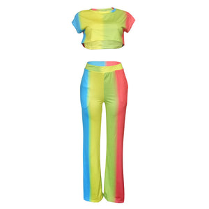 Short Sleeve Gradient Cropped Top Wide Leg Pants Set #Short Sleeve #Two Piece #Crop Top SA-BLL2725 Sexy Clubwear and Pant Sets by Sexy Affordable Clothing