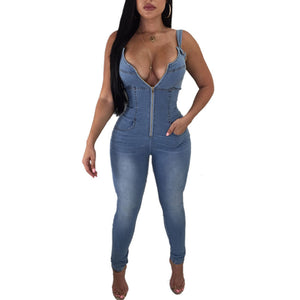 Wide Straps Front Zipped-Up Denim Jumpsuit #Zipper #Denim #Strap SA-BLL55477-2 Women's Clothes and Jumpsuits & Rompers by Sexy Affordable Clothing