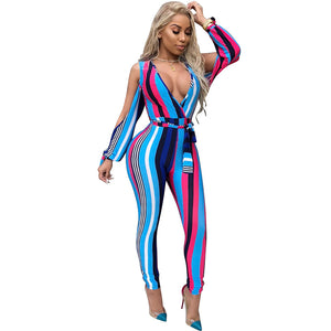 Deep V Print Lisa Jumpsuit (Blue Multi) #Jumpsuit #Stripe #Print SA-BLL55460-2 Women's Clothes and Jumpsuits & Rompers by Sexy Affordable Clothing