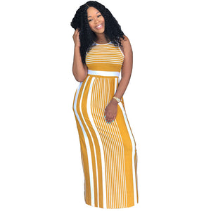 Fashion Round Neck Striped Floor Length Dress #Sleeveless #Striped #Round Neck SA-BLL51437-4 Fashion Dresses and Maxi Dresses by Sexy Affordable Clothing