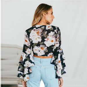 Printed Strap Cardigan Long Sleeve T-Shirt Crop Top #Printed SA-BLL428 Women's Clothes and Women's T-Shirts by Sexy Affordable Clothing