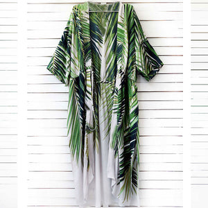 Green Leaf Print Long Beach Kimono Robe #Kimono #Printed SA-BLL38512 Sexy Swimwear and Cover-Ups & Beach Dresses by Sexy Affordable Clothing