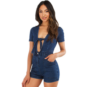 Sexy V Neck Blue Denim One-piece Romper #Denim SA-BLL55504 Women's Clothes and Jumpsuits & Rompers by Sexy Affordable Clothing