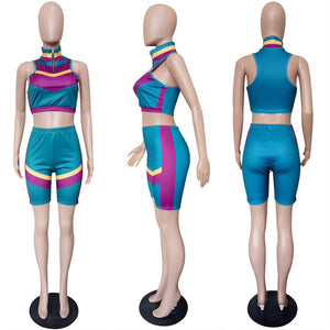Euramerican Patchwork Knit Two-piece Shorts Set #Short Sleeve #Sleeveless #Turn-Down Neck SA-BLL2726 Sexy Clubwear and Pant Sets by Sexy Affordable Clothing
