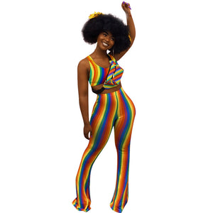 Dew Shoulder Striped Multi Two-piece Pants Set #Sleeveless #Two Piece #Striped SA-BLL282733-3 Sexy Clubwear and Pant Sets by Sexy Affordable Clothing