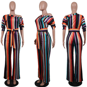 One Off Shoulder Print Colorful Striped Jumpsuit w/ Belt #One Shoulder #Striped SA-BLL55515-3 Women's Clothes and Jumpsuits & Rompers by Sexy Affordable Clothing