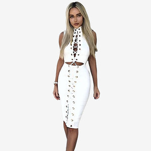 Sleeveless High Neck Knee-Length Plain Dress #White #High Neck #Sleeveless #Tie SA-BLL36178 Fashion Dresses and Midi Dress by Sexy Affordable Clothing