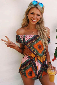 Vintage Off The Shoulder Printed Romper  SA-BLL55303 Women's Clothes and Jumpsuits & Rompers by Sexy Affordable Clothing