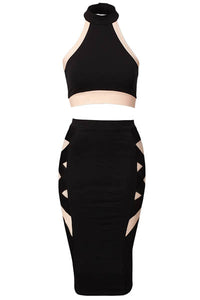 Black Two Tone 2-piece Crop Top Midi Skirt SetL  SA-BL2754 Sexy Clubwear and Skirt Sets by Sexy Affordable Clothing