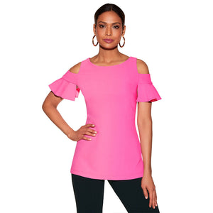 Cut-Out Shoulder Plain Blouse with Ruffle Cuffs #Ruffle #Cut-Out SA-BLL413-2 Women's Clothes and Blouses & Tops by Sexy Affordable Clothing