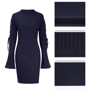 Navy Blue Ribbed Knit Mock Neck Lace Up Bell Sleeves Dress #Mini Dress #Navy Blue SA-BLL2052-2 Fashion Dresses and Bodycon Dresses by Sexy Affordable Clothing
