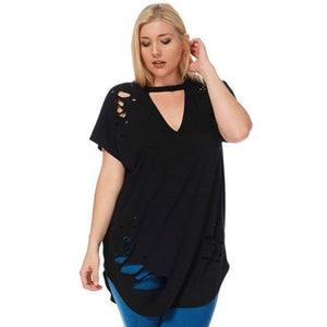 Womens Plus Size Ripped Cut Out Plain Short Sleeve T Shirt Black #Black SA-BLL493-2 Women's Clothes and Women's T-Shirts by Sexy Affordable Clothing