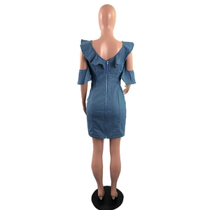 Sexy Blue Denim Ruffles Bodycon A-Line Dress #Ruffles #Denim #A-Line SA-BLL282701 Fashion Dresses and Bodycon Dresses by Sexy Affordable Clothing