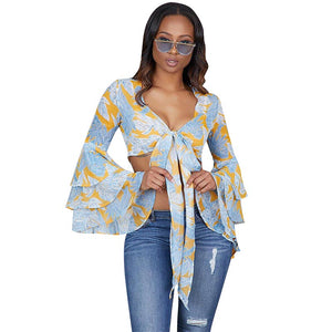 Plung Printed Crop Top with Wide Ruffle Cuffs #Long Sleeve #Printed #Crop Top SA-BLL729 Women's Clothes and Blouses & Tops by Sexy Affordable Clothing
