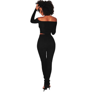 Black Ribbed Knit Off Shoulder Two Piece Set #Long Sleeve #Two Pieces SA-BLL2183-1 Sexy Clubwear and Pant Sets by Sexy Affordable Clothing