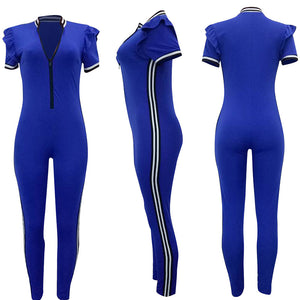 High Collar Zipped Up Jumpsuit With Contrast Trim #Jumpsuit #Blue #Short Sleeve #High Collar #Zipper SA-BLL55435-3 Women's Clothes and Jumpsuits & Rompers by Sexy Affordable Clothing