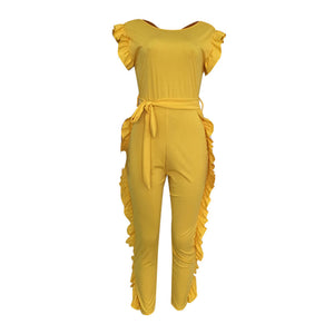 Open Back Ruffled Sleeveless Belted Jumpsuit #Sleeveless #Ruffled SA-BLL55569-1 Women's Clothes and Jumpsuits & Rompers by Sexy Affordable Clothing