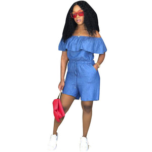 Off Shoulder Ruffle Cinched-Waist Romper #Ruffle #Off The Shoulder SA-BLL55583 Women's Clothes and Jumpsuits & Rompers by Sexy Affordable Clothing