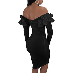 V Neck Ruffle Sleeve Cocktail Dress #Black #V Neck #Long Sleeve #Ruffle SA-BLL36215-1 Fashion Dresses and Midi Dress by Sexy Affordable Clothing
