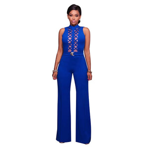 Monyetta Royal-Blue Mesh Accent Belted Jumpsuit #Blue #Jumpsuits SA-BLL55343-1 Women's Clothes and Jumpsuits & Rompers by Sexy Affordable Clothing